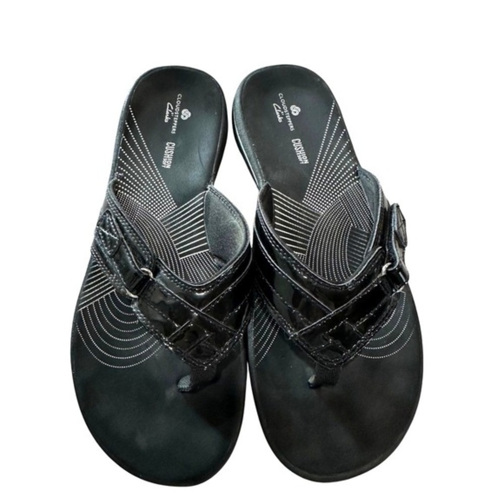 Clarks Cloudsteppers Black Patent Flip‎ Flop Sandals Womens Size 8 Comfort